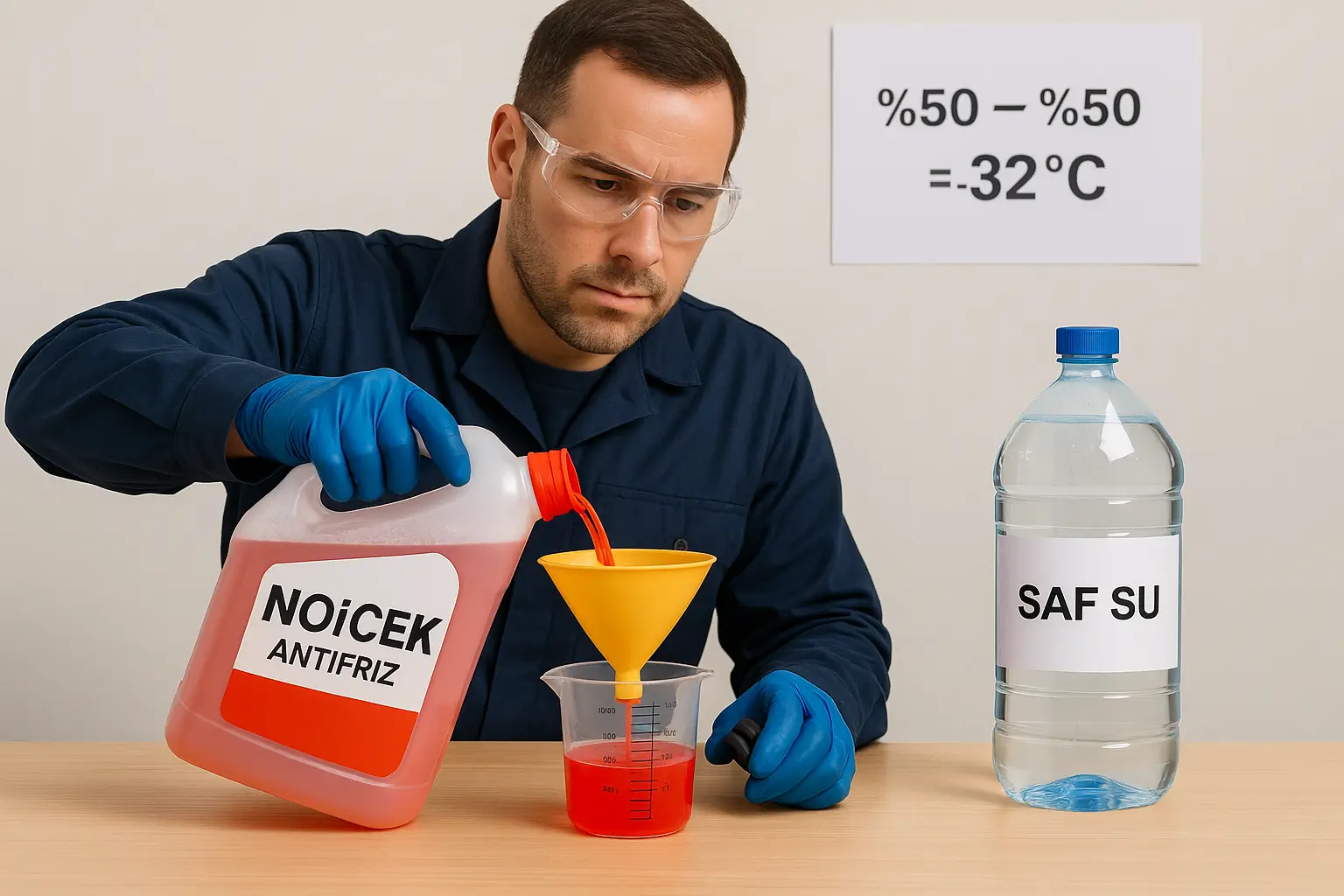 Antifriz ve suyun doğru oranda karıştırılması tablosuna göre uygulama