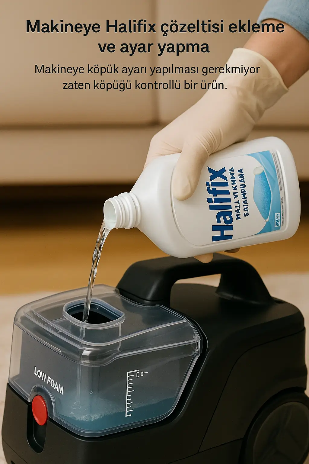 Halıfix çözeltisinin hazırlanması ve makineye eklenmesi