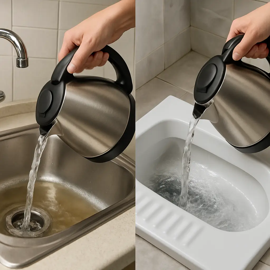 Lavabo açma sonrası kaynar su ile durulama Lavabo açıcının ardından tıkalı gidere bol kaynar su dökülmesi