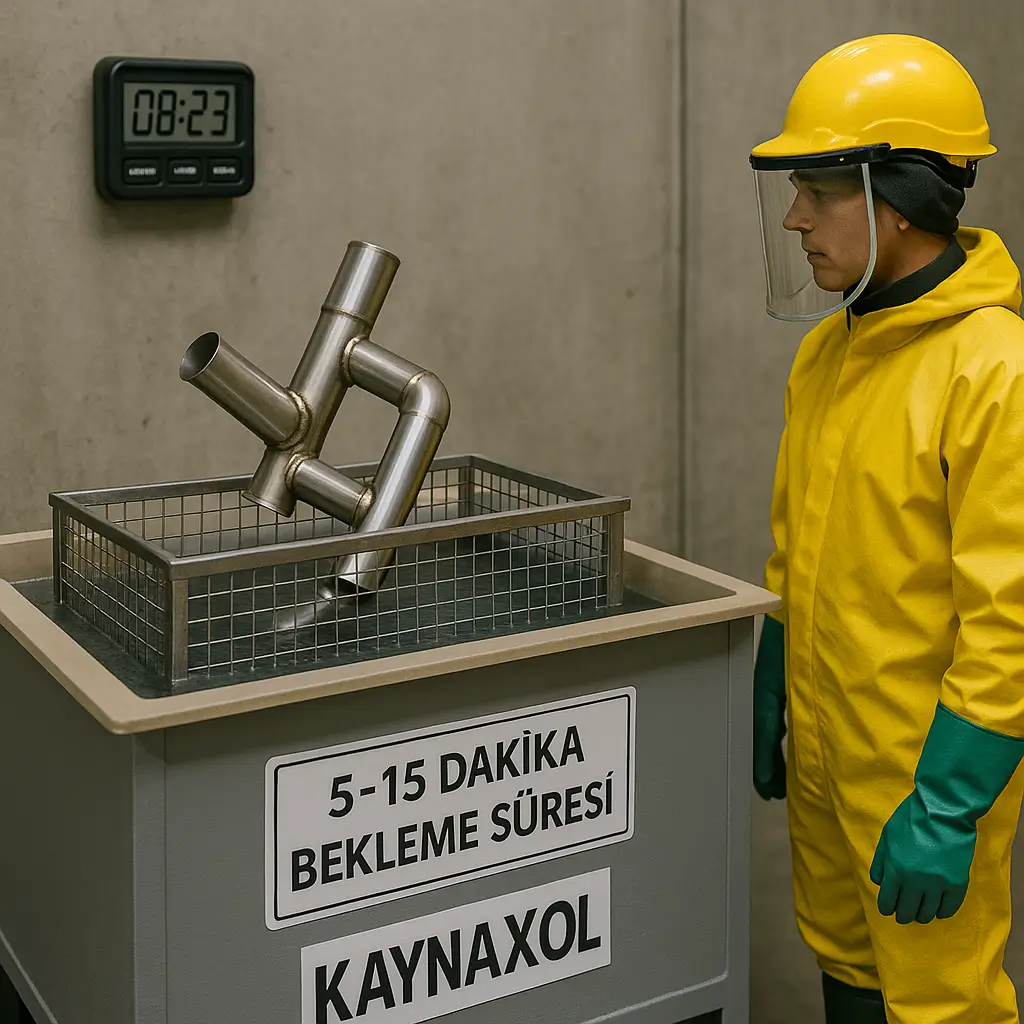 KAYNAXOL tankında bekleyen paslanmaz çelik parçalar