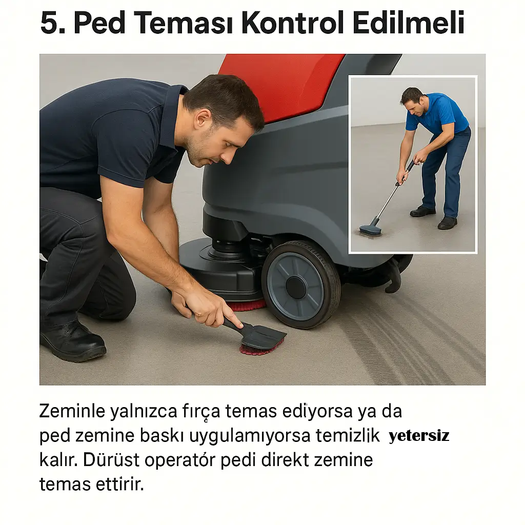 Zemin temizleme makinesinde ped zemine tam temas ediyor mu kontrol edilmeli