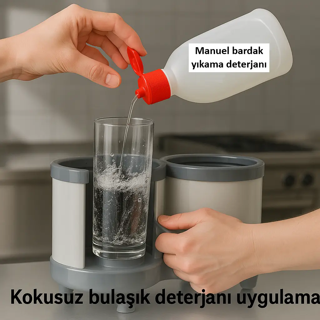 Fırçalı bardak yıkama aparatına kokusuz bulaşık deterjanı uygulanıyor