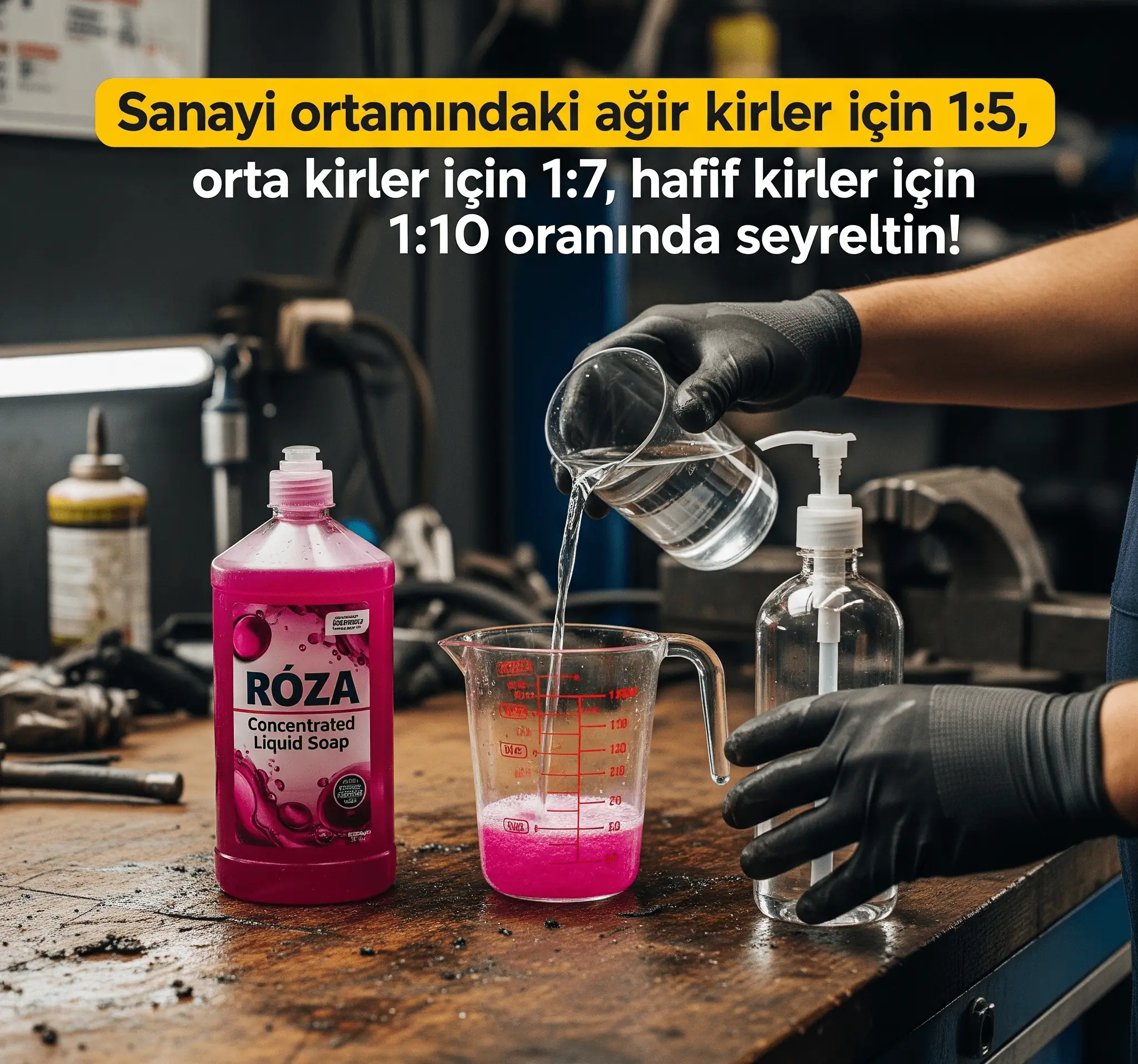 ROZA konsantre sabunun kirlilik seviyesine göre su ile seyreltilmesi ve dispensere doldurulması