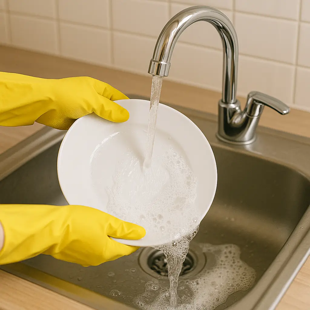 Durulama: kalıntısız sonuç için bol su Tabakların musluk altında bol suyla durulanması; köpüklerin tamamen uzaklaştırılması