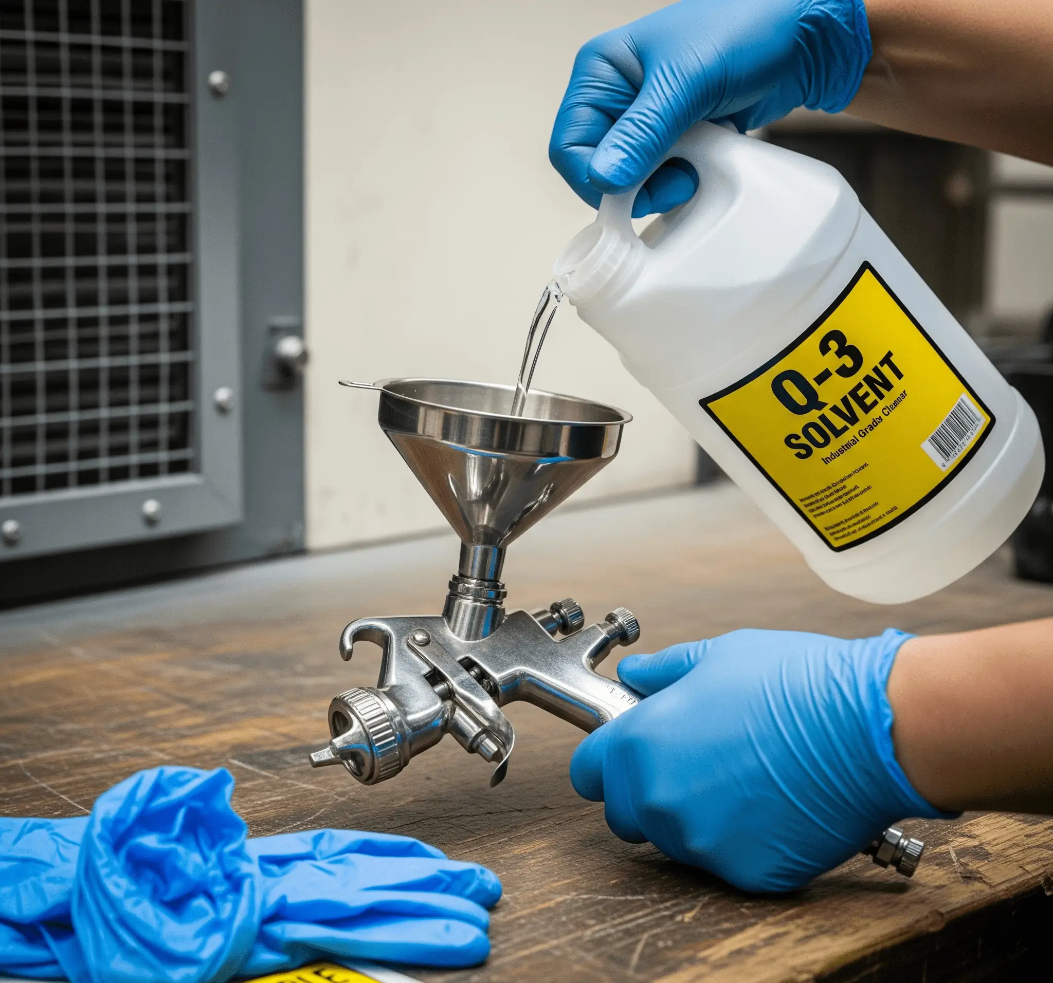 Leke sökücü tabancaya Q-3 solvent doldurma