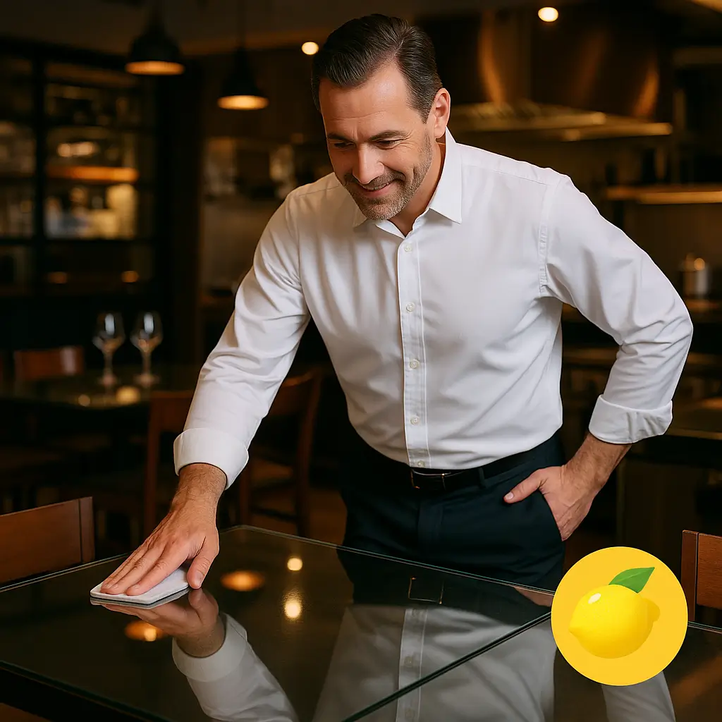Restoran ve kafe için misafir öncesi cam yüzeylerde son kontrol Servise hazır hijyenik ve ferah kokulu cam masa/ocak kontrolü