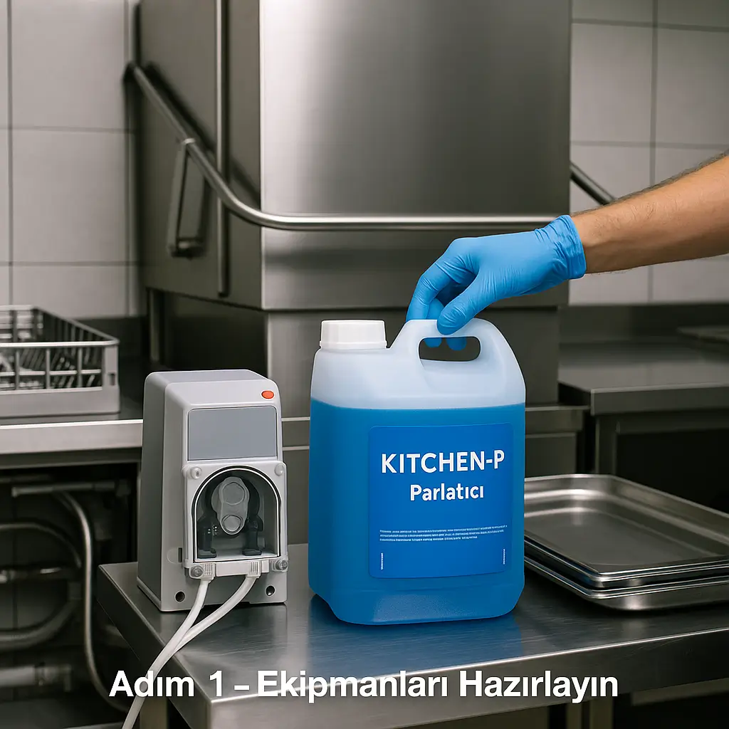 Endüstriyel bulaşık makinesi parlatıcısı ekipman hazırlığı Endüstriyel bulaşık makinesi için dozaj pompası ve KITCHEN-P parlatıcısı hazırlığı