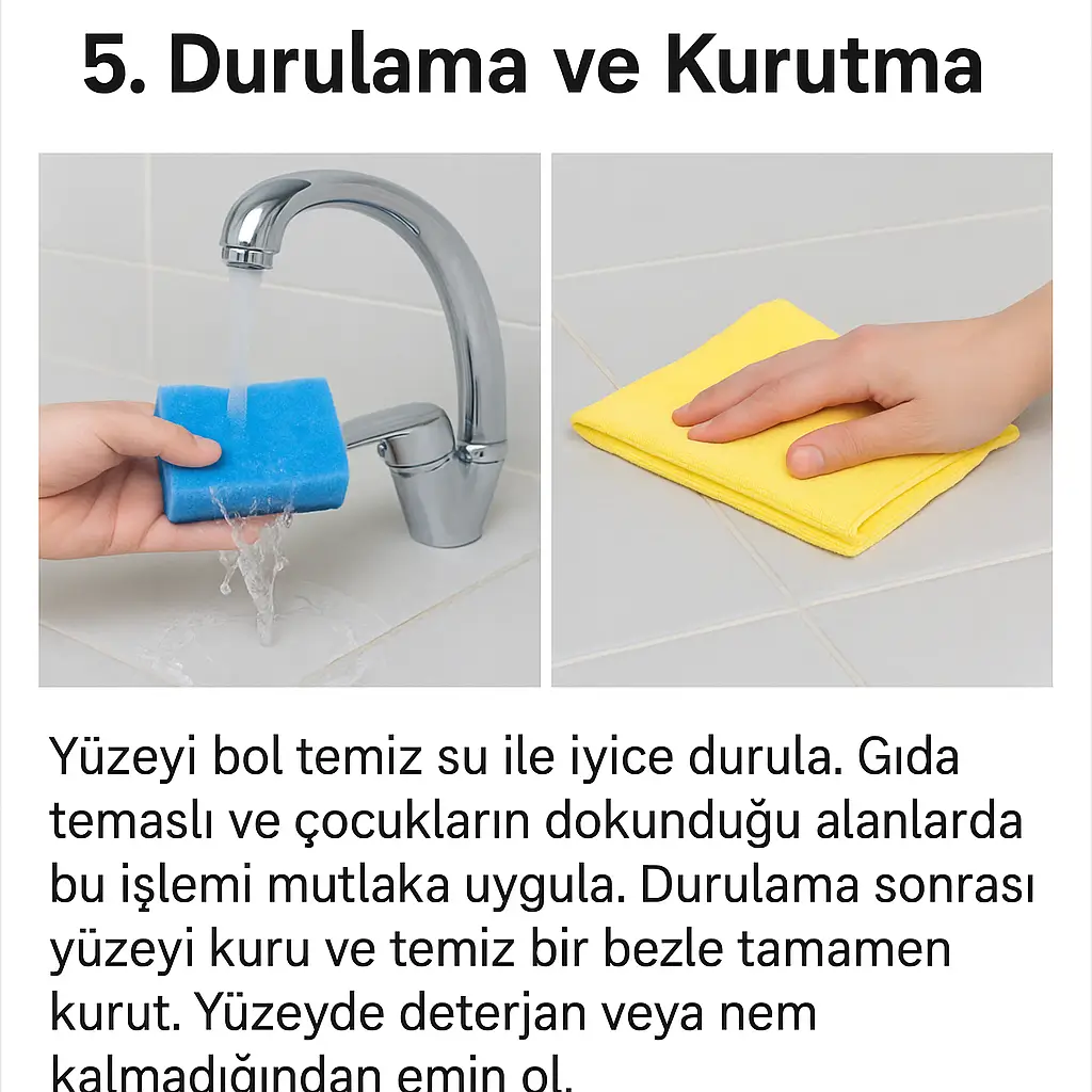 Temizlik sonrası yüzeyin suyla durulanması ve kurulanması
