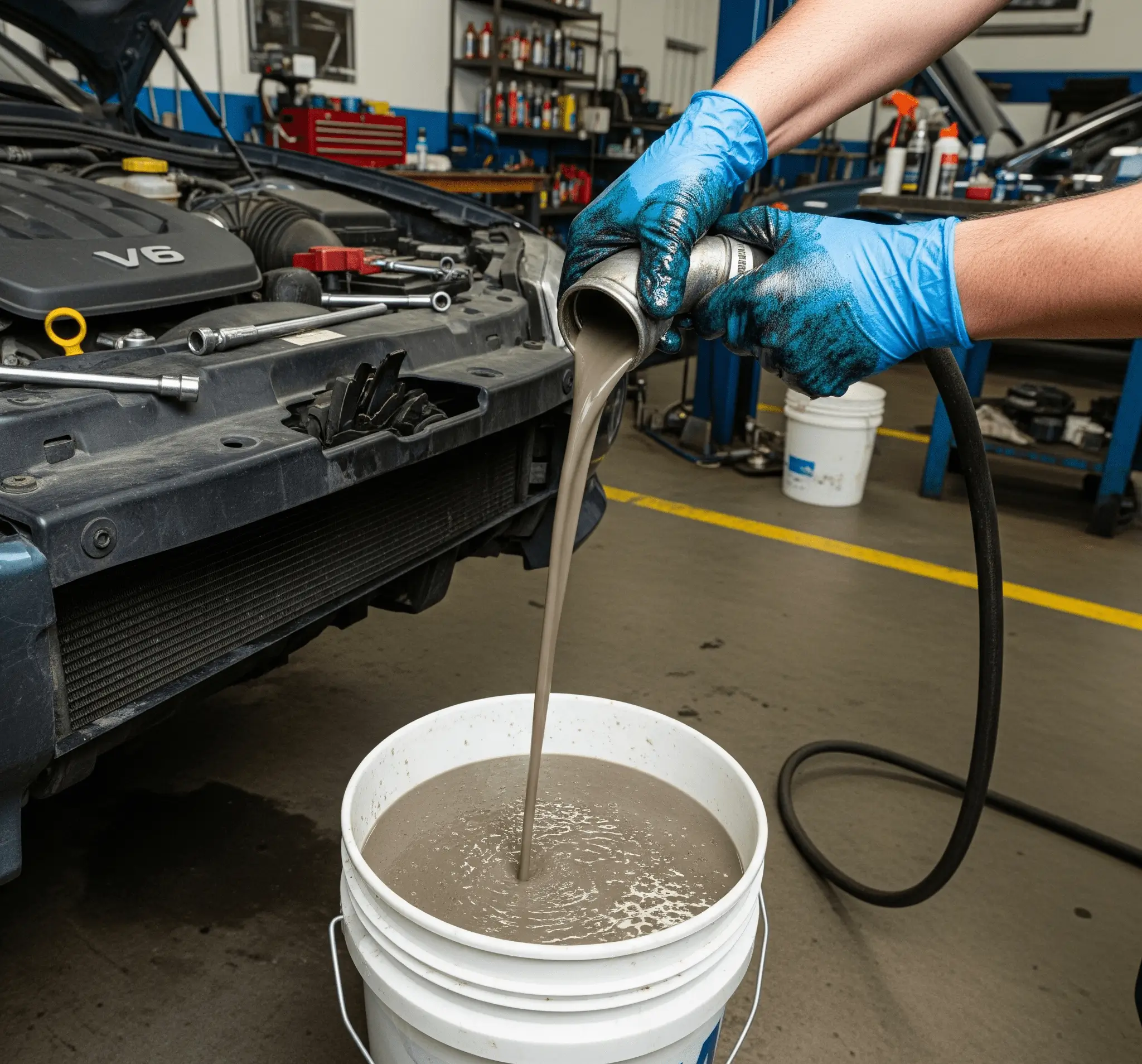 RADYSOL uygulaması sonrası sistemin tekrar boşaltılması adımı Temizlik sonrası kireçli ve kirli suyun araç radyatöründen boşaltılması