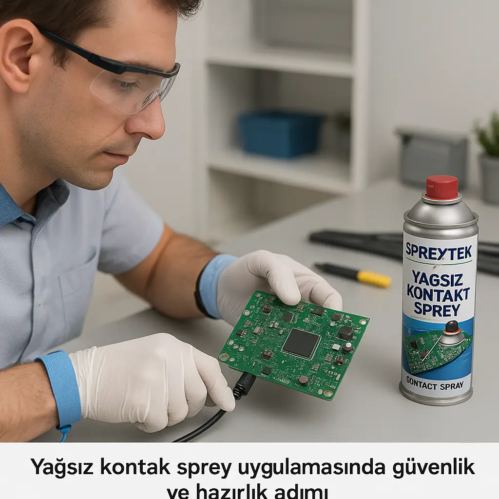 Yağsız kontak sprey uygulaması öncesi güvenli hazırlık ve ekipman