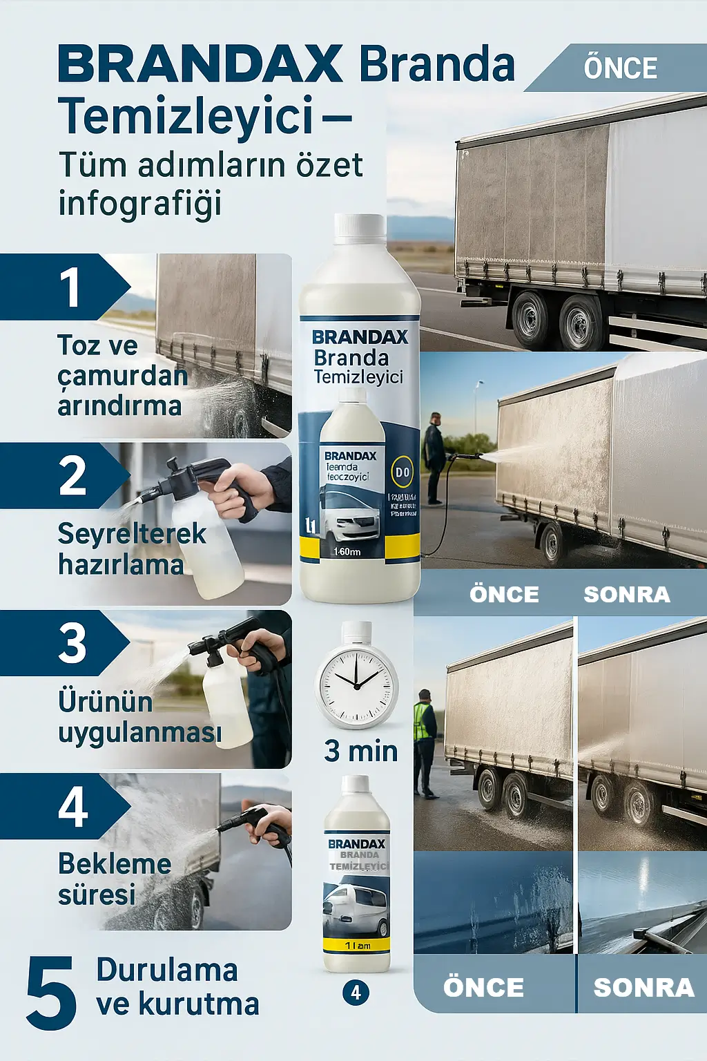 Branda temizleyici uygulama adımları infografik