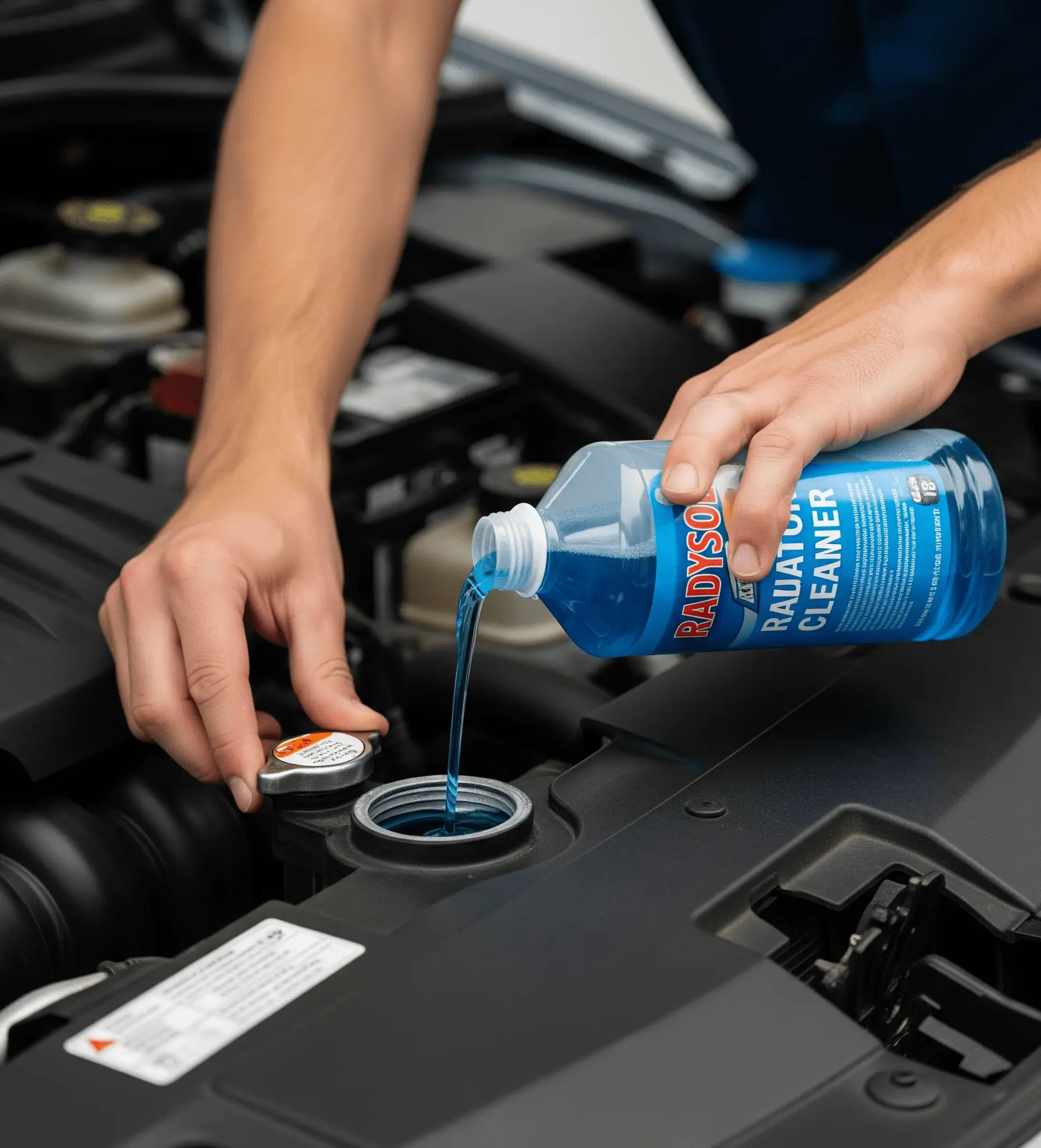 RADYSOL ürününün araç soğutma sistemine eklenmesi adımı RADYSOL radyatör temizleyici ürününün radyatöre eklenmesi