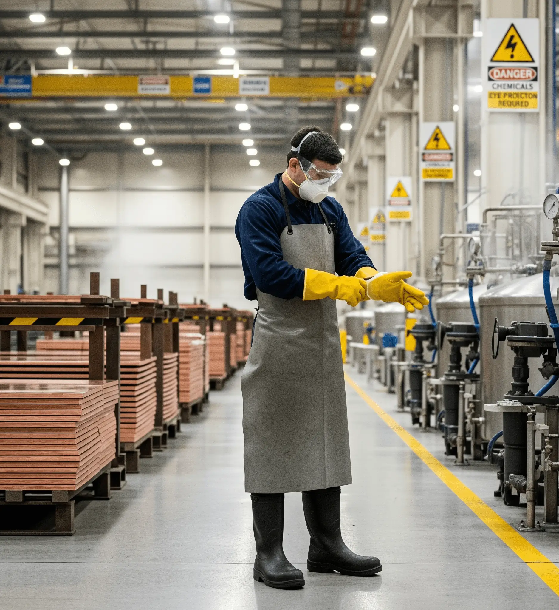 Kişisel koruyucu ekipmanlarını giyen bir operatör