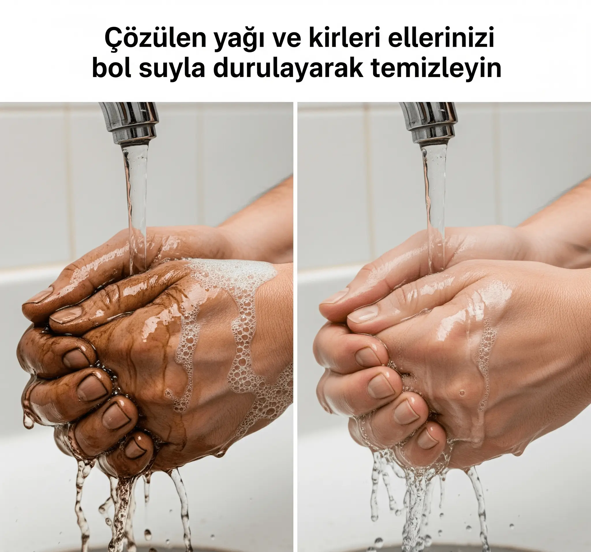 Sabunlu ellerin akan temiz su altında durulanması