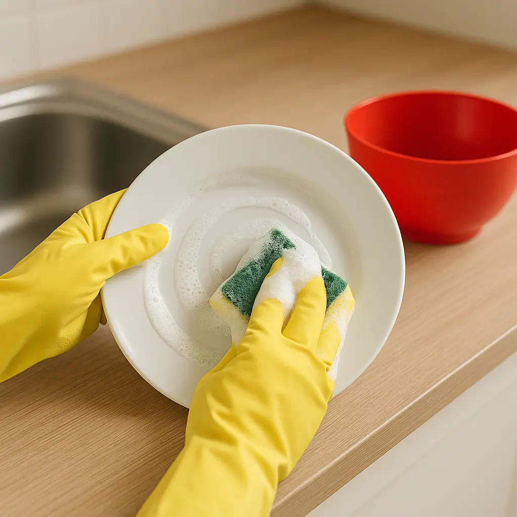 Orta kirli bulaşıklar: porselen ve plastiklerde nazik temizlik Porselen tabak ve plastik kapların süngerle dairesel hareketlerle temizlenmesi