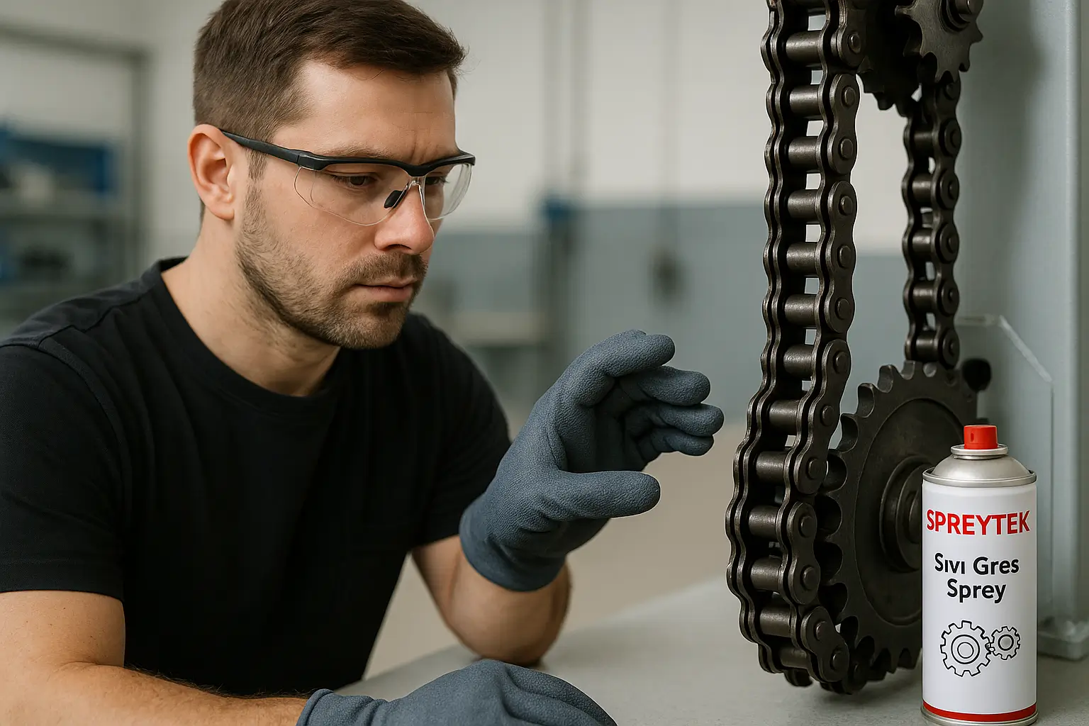 Zincir ve dişli yağlamadan önce koruyucu ekipman ile güvenli hazırlık