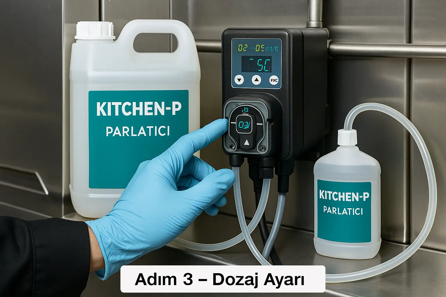 Dozaj pompası ile doğru parlatıcı uygulaması Dozaj pompası üzerinden KITCHEN-P parlatıcısı ayarı yapılırken