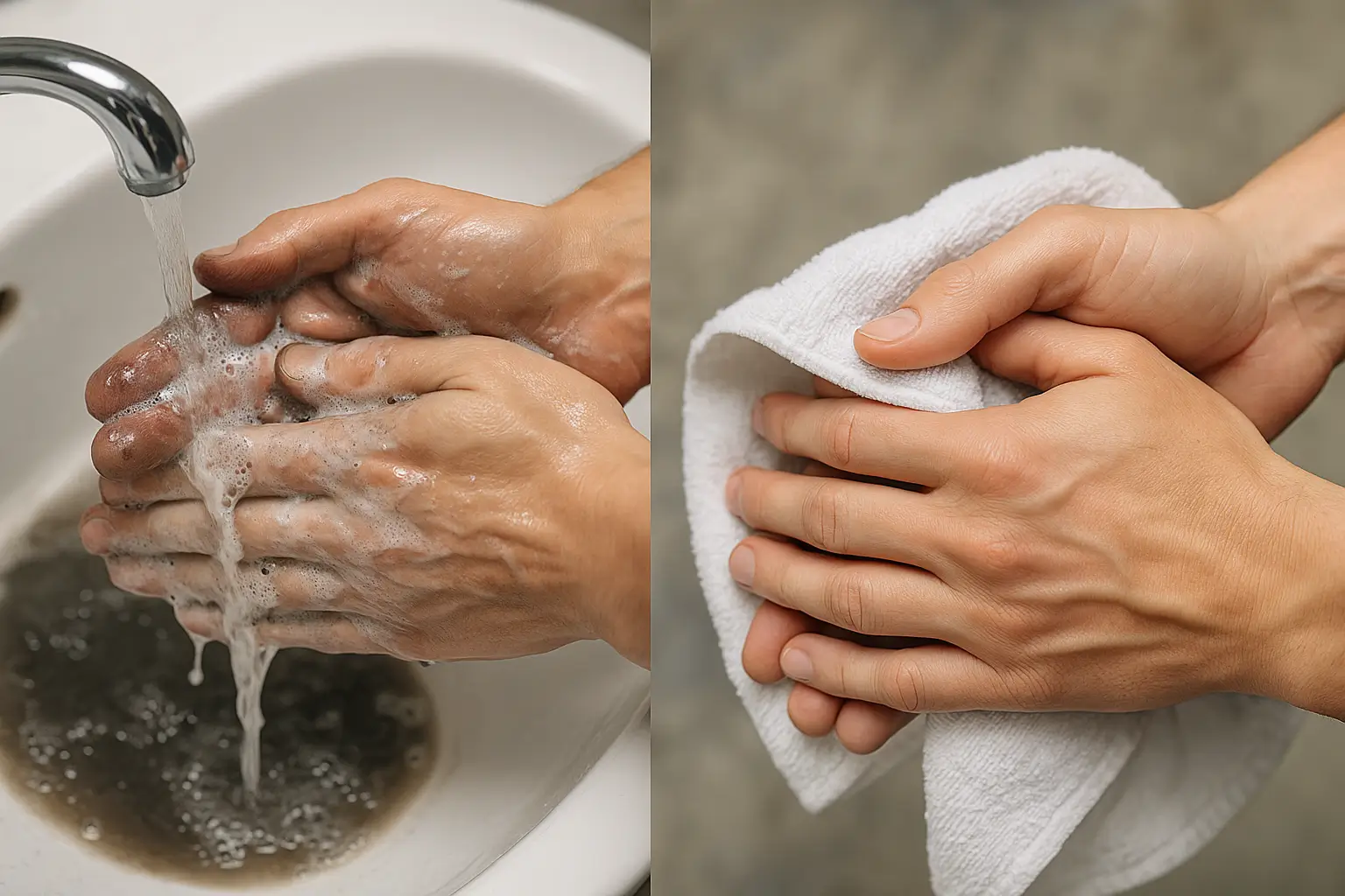 OVMAX kremi durulanan ve havluyla kurutulan eller