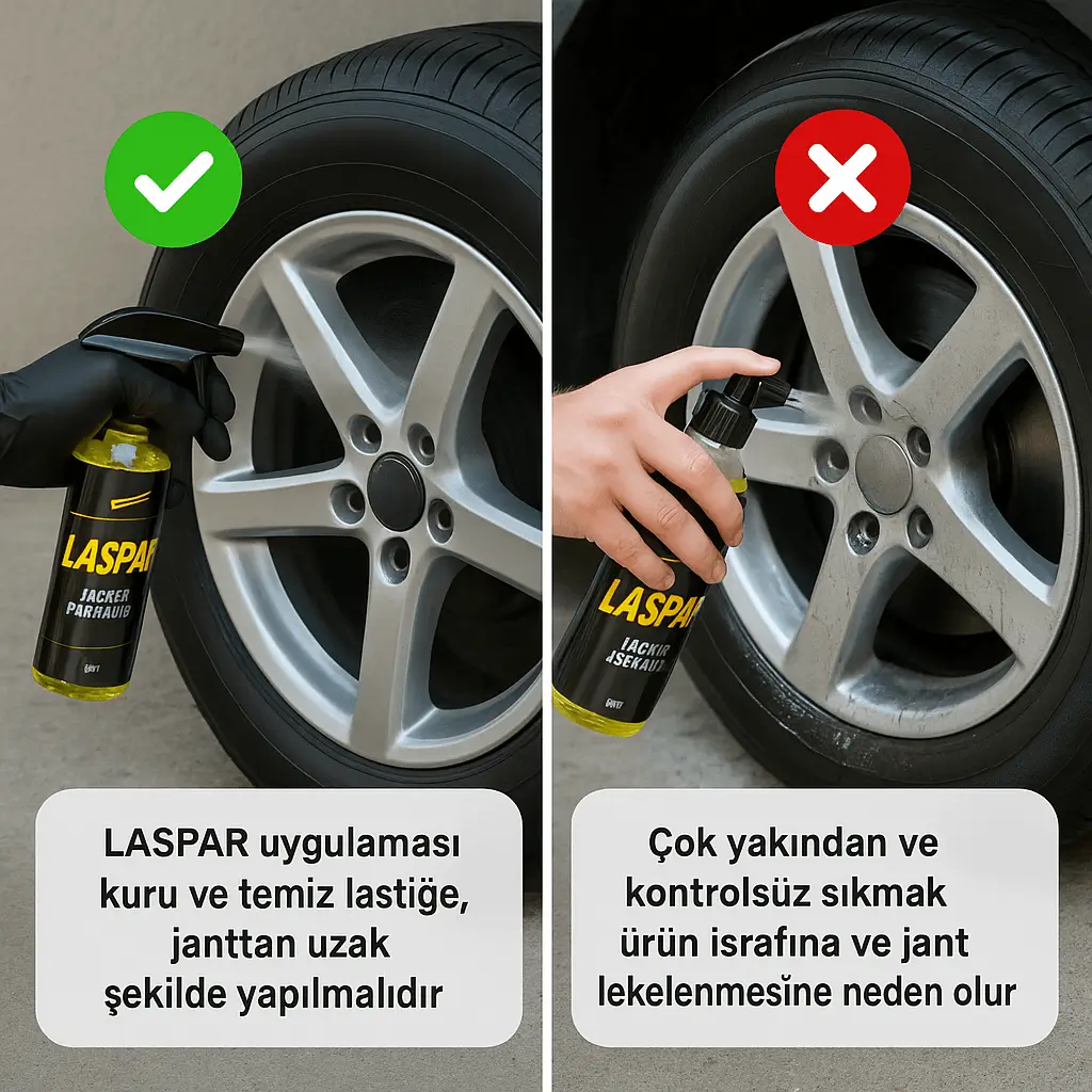 LASPAR lastik parlatıcının sünger veya sprey ile uygulanması LASPAR ürününün lastik yüzeyine uygulanması