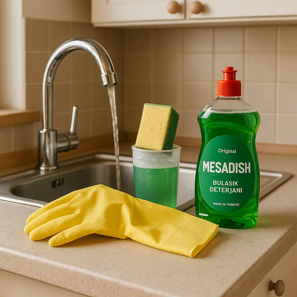 elde bulaşık deterjanı kullanımı için hazırlık bulaşık deterjanı için sünger, eldiven, MESADiSH ve su hazırlığı