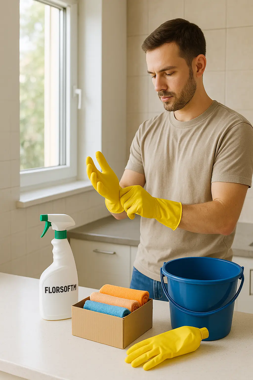 FLORSOFTM genel temizlik ürünüyle hazırlık ve güvenlik FLORSOFTM genel temizlik ürünüyle temizlik öncesi hazırlık ve eldiven kullanımı