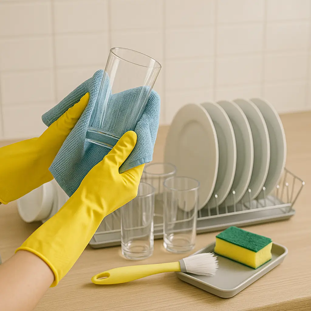 Kurulama ve dizme: iz bırakmayan sonuç için doğru kurutma Temiz tabak ve bardakların rafta dik konumda süzülmesi ve mikrofiber bezle kurulama