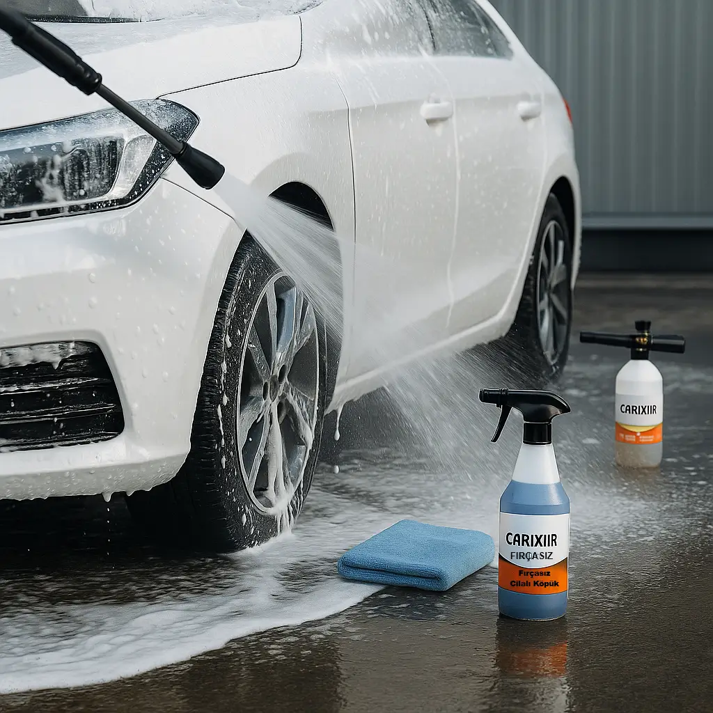 Oto şampuan ile köpük ve kir temizliği Cilalı köpükle temizlik sonrası durulama