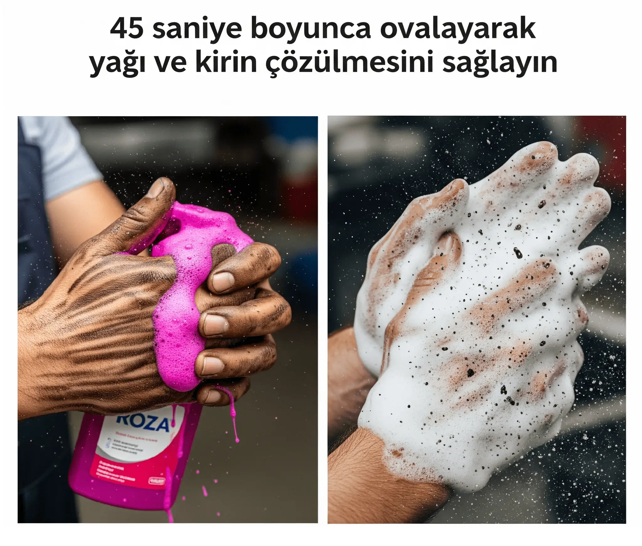 ROZA sabun ile kuru ellerin ovalanması ve köpürtülmesi