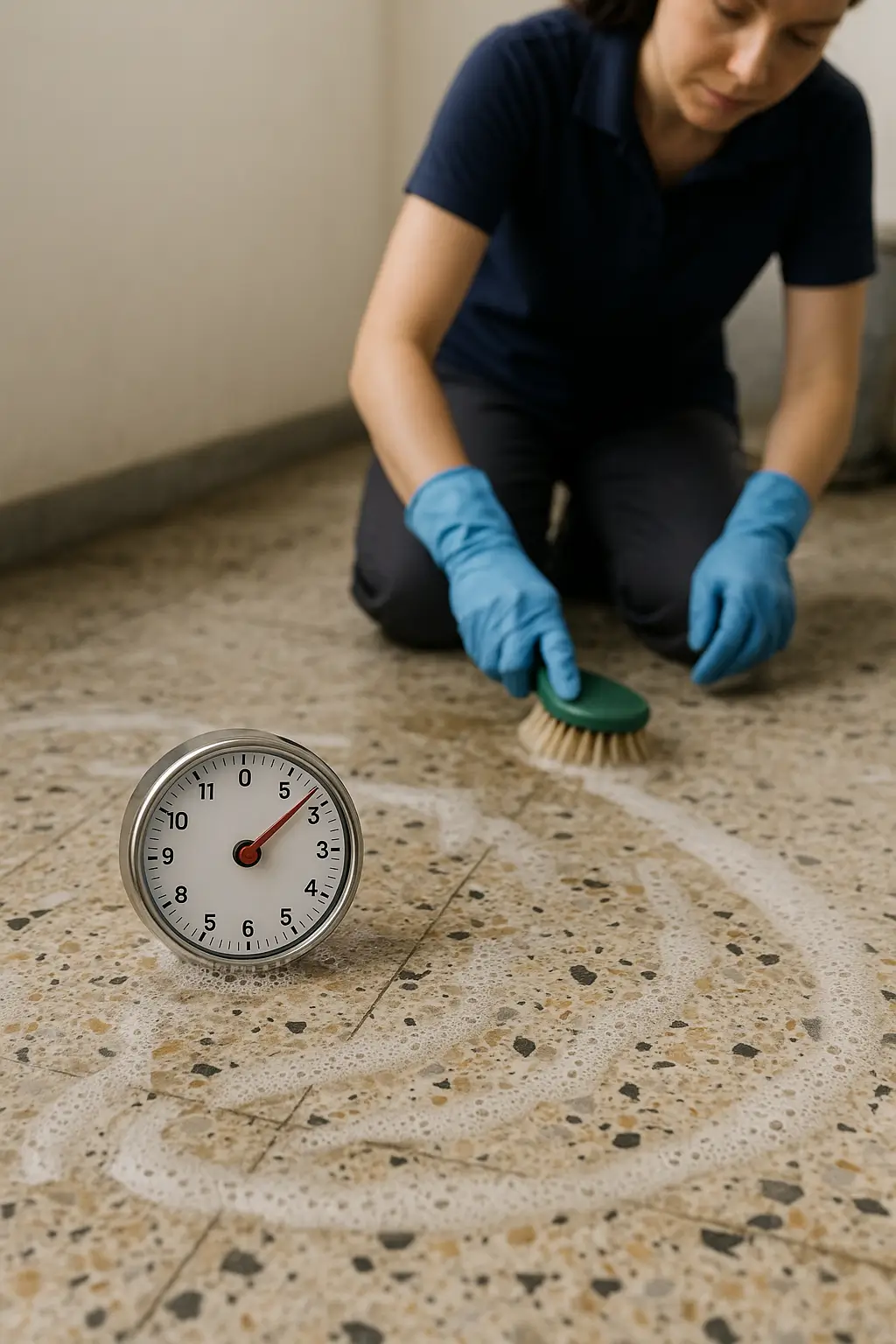 KAROCLEAN ile terrazzo yüzeyde bekletme ve fırçalama