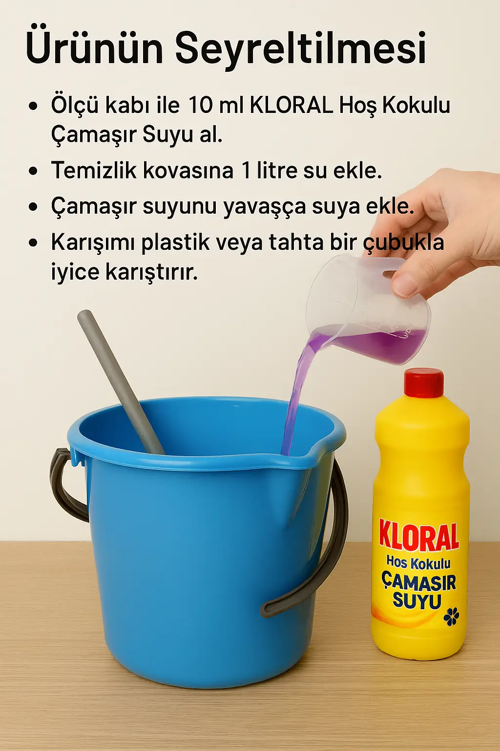 KLORAL çamaşır suyu doğru oranda su ile karıştırılırken