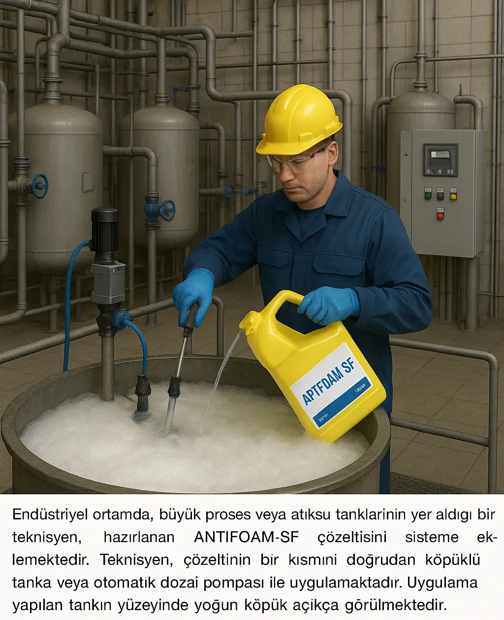 ANTİFOAM-SF çözeltisinin endüstriyel proses tankına dozajlanması