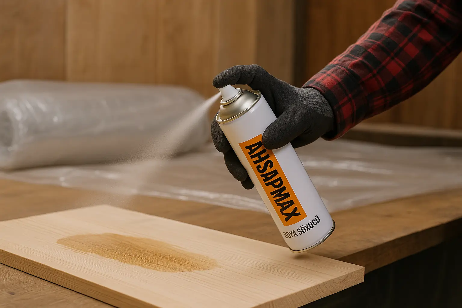 AHSAPMAX boya sökücü spreyin ahşap yüzeye uygulanması