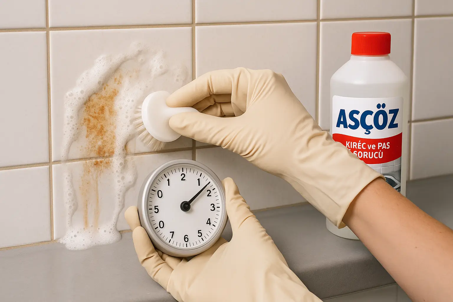 ASÇÖZ ile yüzeyde kireç ve pasın fırçalanması ASÇÖZ ile kireç ve pas birikintisinin fırçalanması