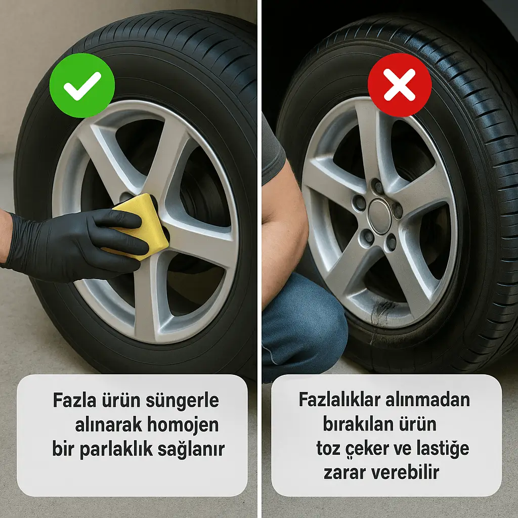 LASPAR uygulaması sonrası süngerle fazlalıkların alınması Lastik yüzeyindeki fazla ürünün süngerle alınması