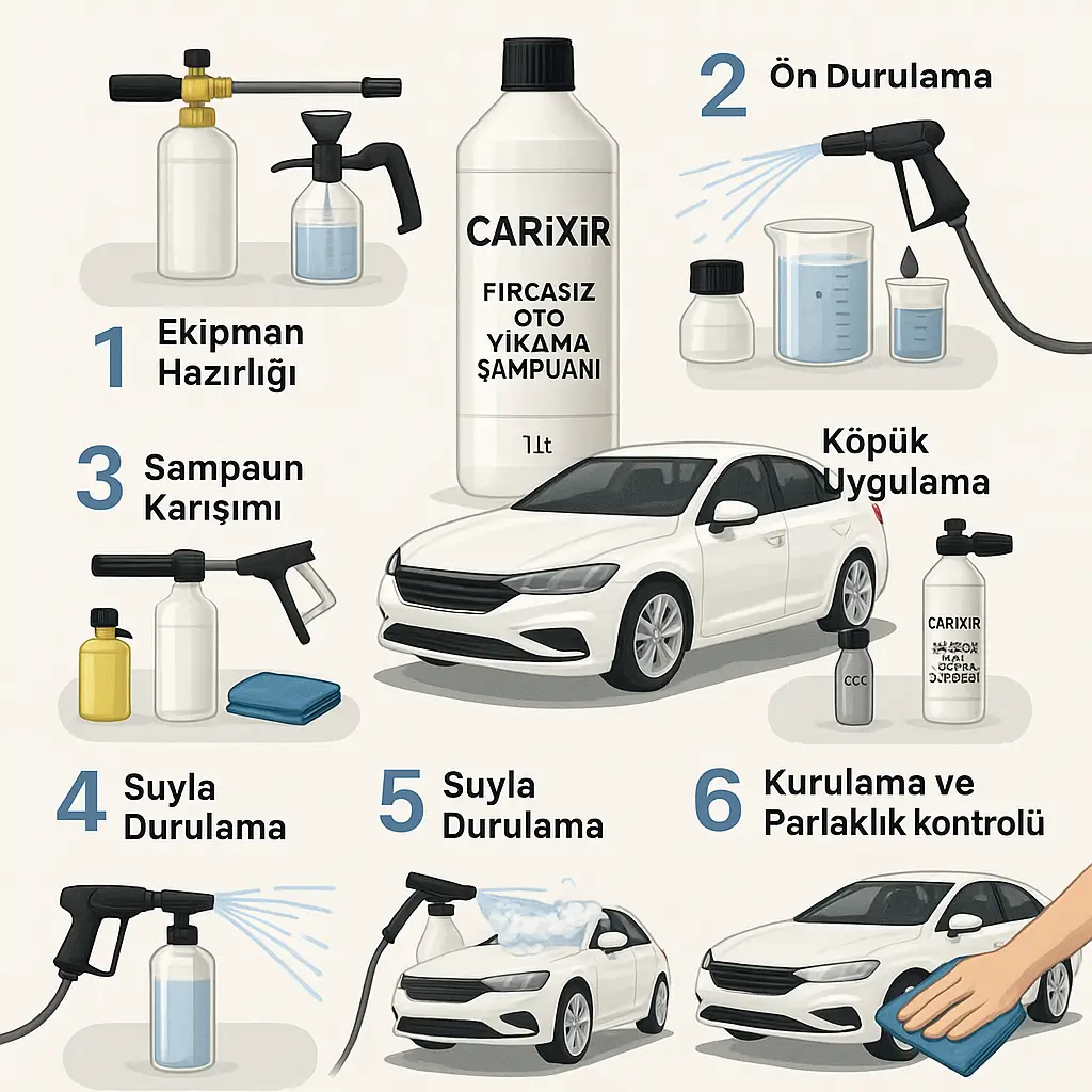 CARiXİR ile adım adım fırçasız oto yıkama uygulaması Fırçasız oto yıkama şampuanı ile temizlik adım adım infografik