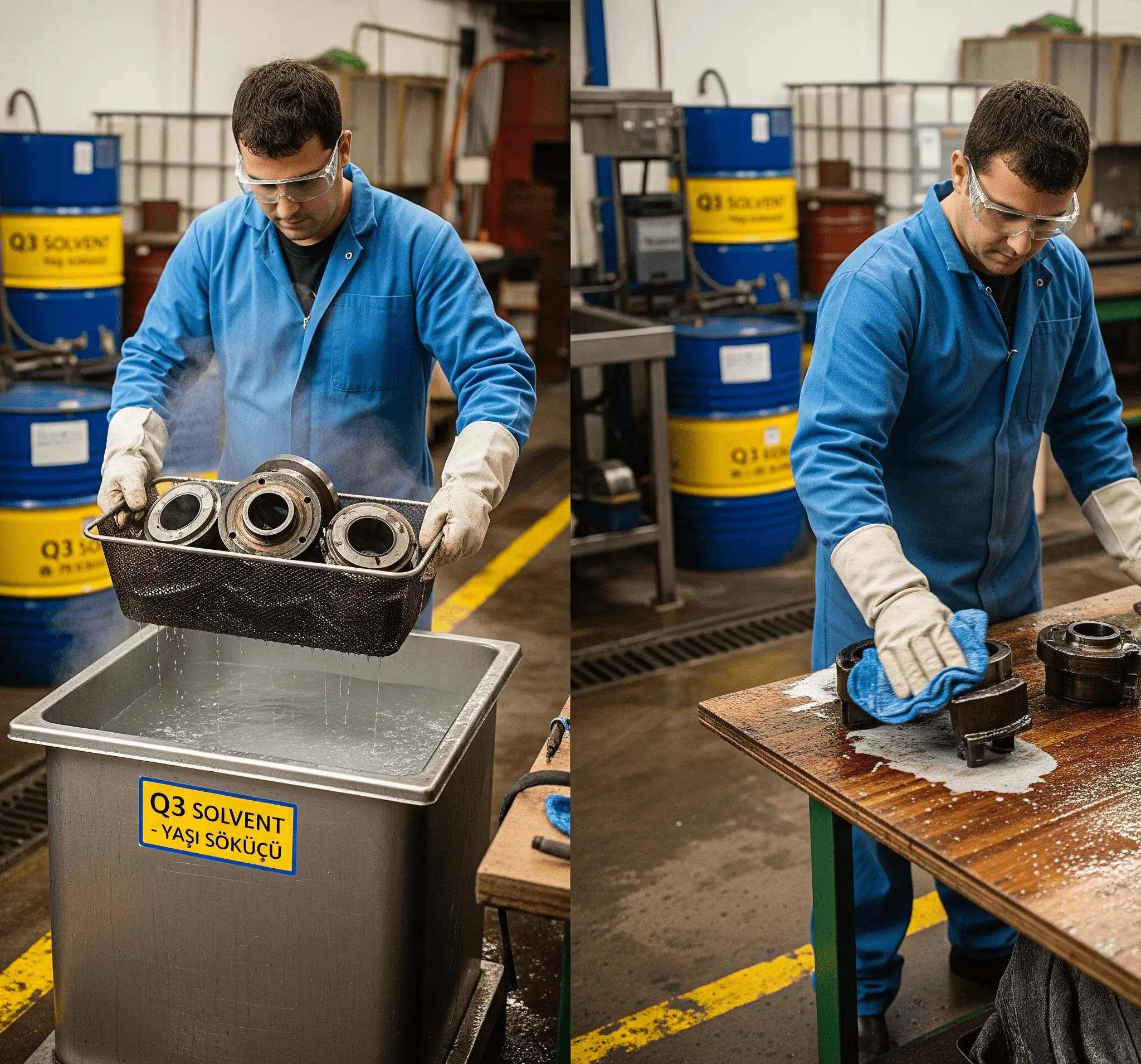 Q-3 solvent ile metal yüzeye daldırma ve silme uygulaması