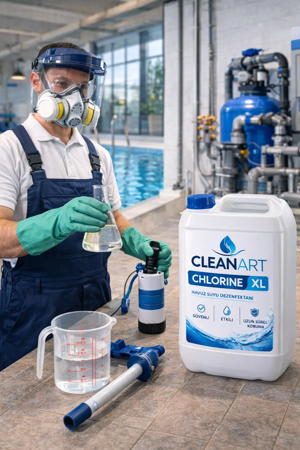 CLEANART CHLORINE XL havuz uygulaması güvenlik hazırlığı CLEANART CHLORINE XL havuz uygulaması öncesi kişisel koruyucu ekipman kullanımı