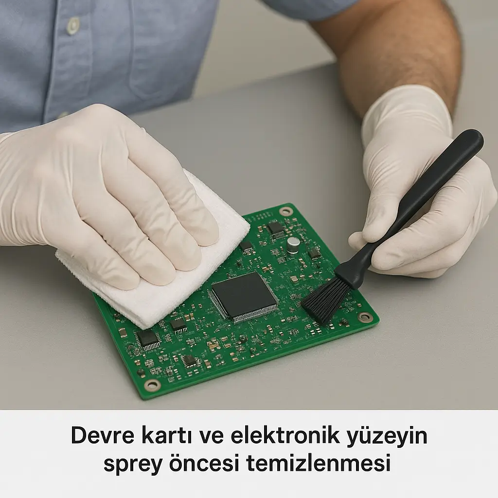 Kontak sprey uygulaması öncesi devre kartı yüzeyinin kuru bezle temizlenmesi