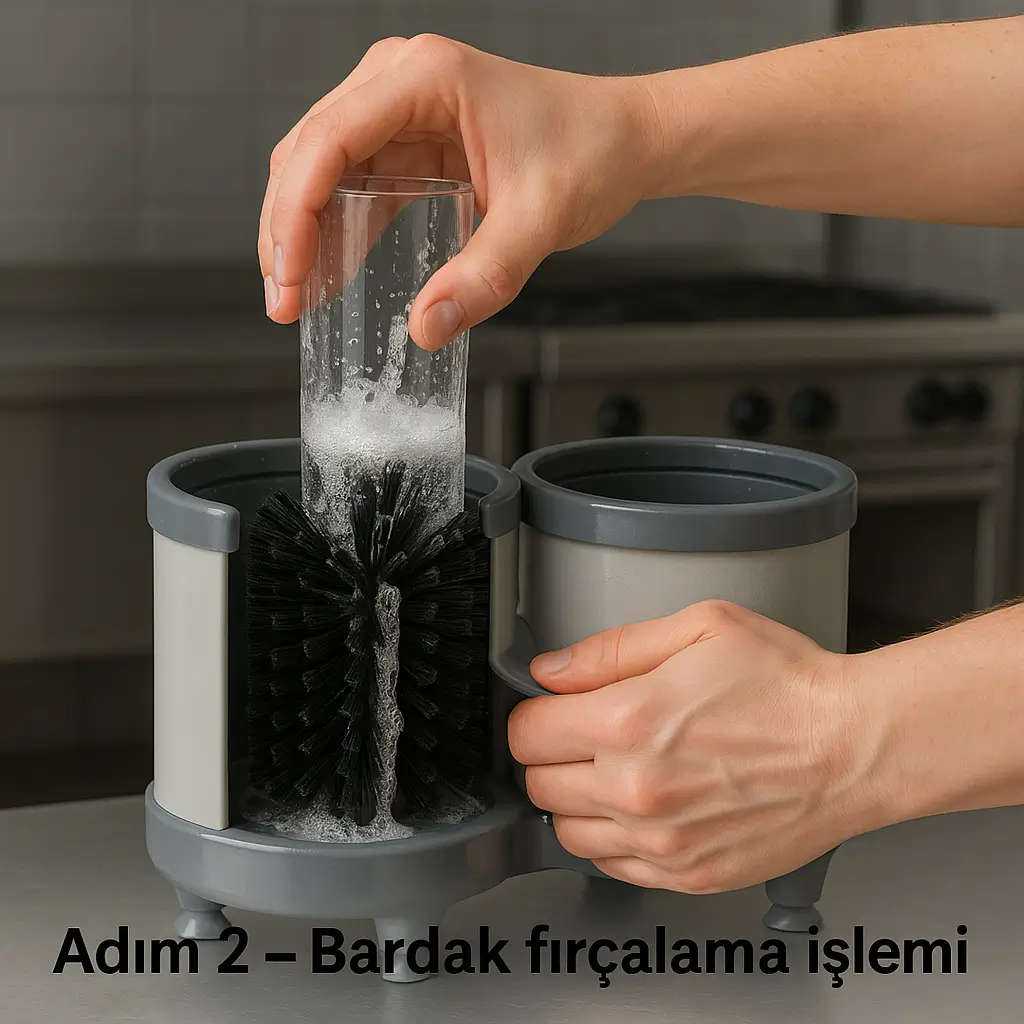 Fırçalı bardak yıkama aparatında bardak döndürme işlemi