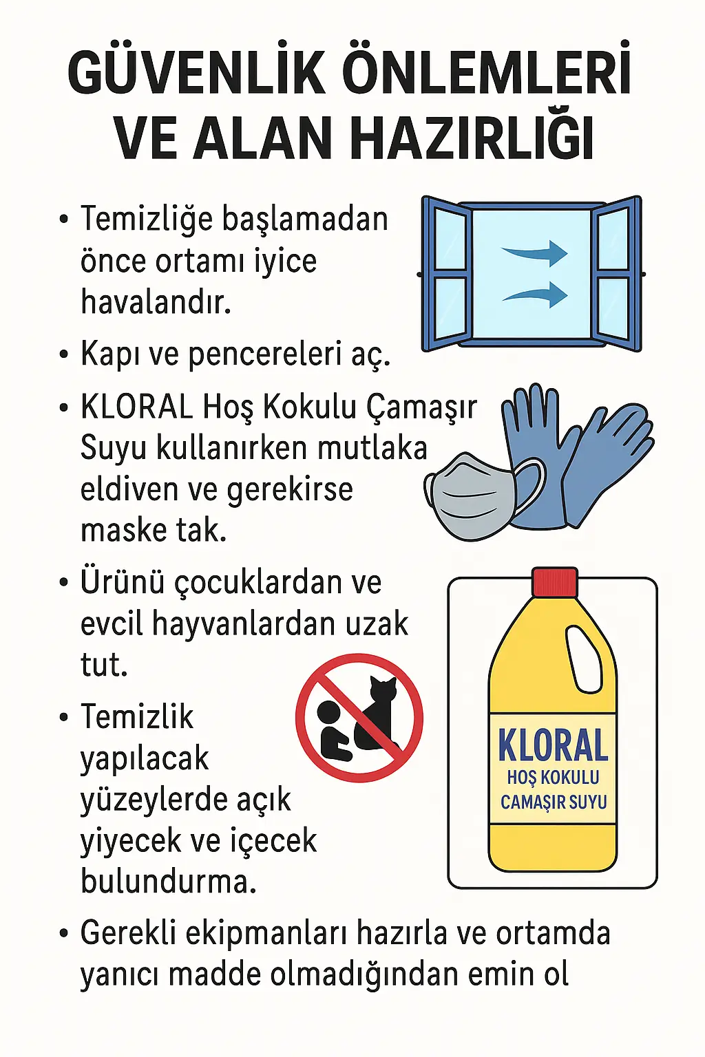 Kloral çamaşır suyu ile temizlik öncesi hazırlık ve güvenlik