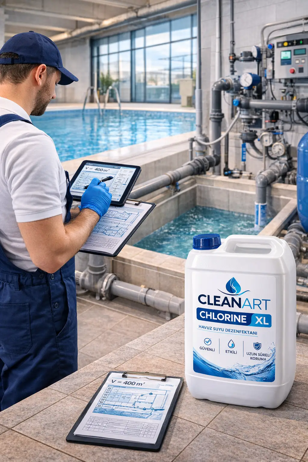 CLEANART CHLORINE XL havuz hacmi ve uygulama noktası kontrolü CLEANART CHLORINE XL ile havuz hacmi ve uygulama noktasının kontrol edilmesi
