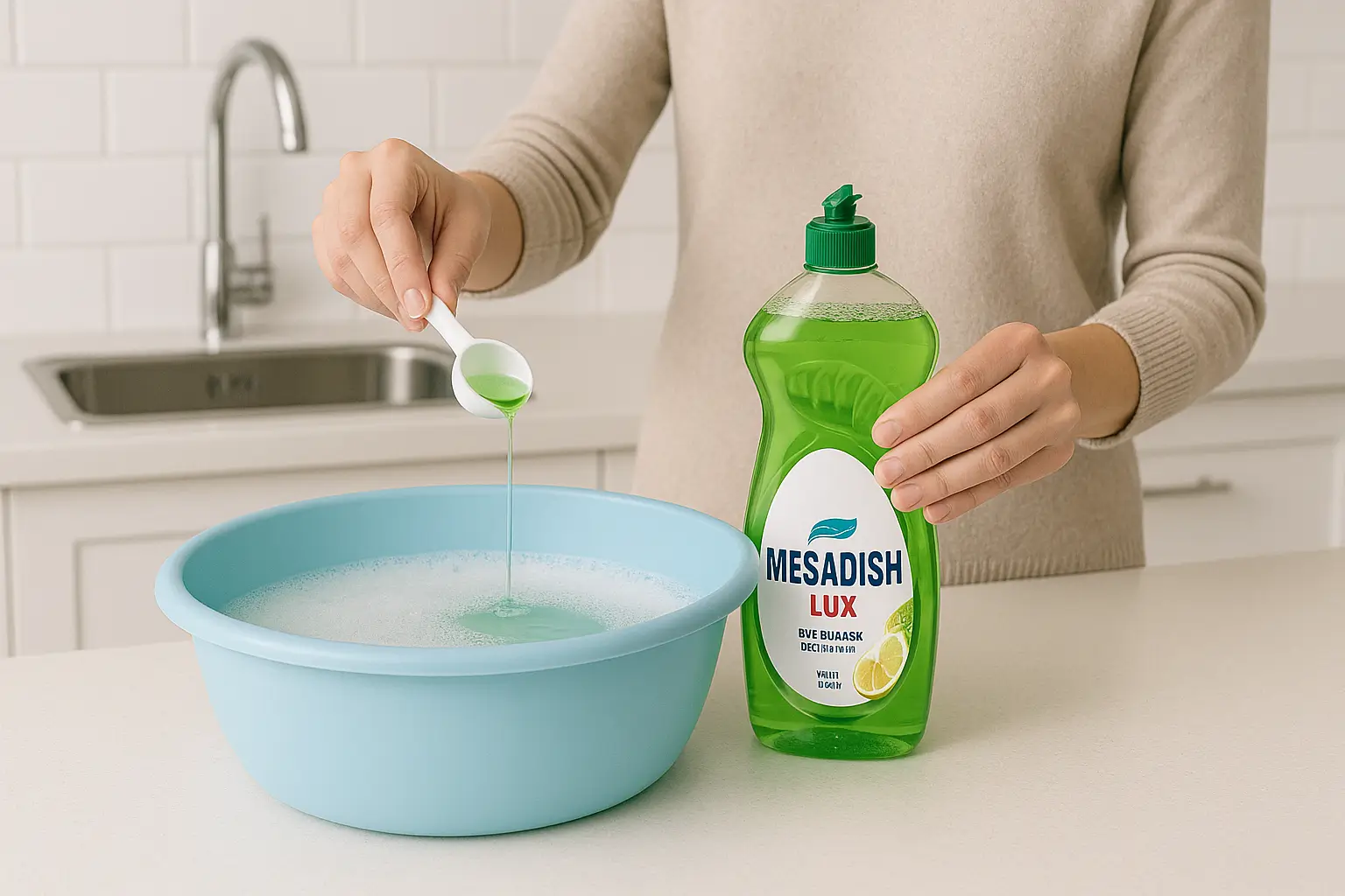 Dozaj hazırlama: 5 L suya 5-10 mL deterjan 5 L ılık suya 5-10 mL MESADİSH LUX deterjan eklenmesi ve karıştırılması