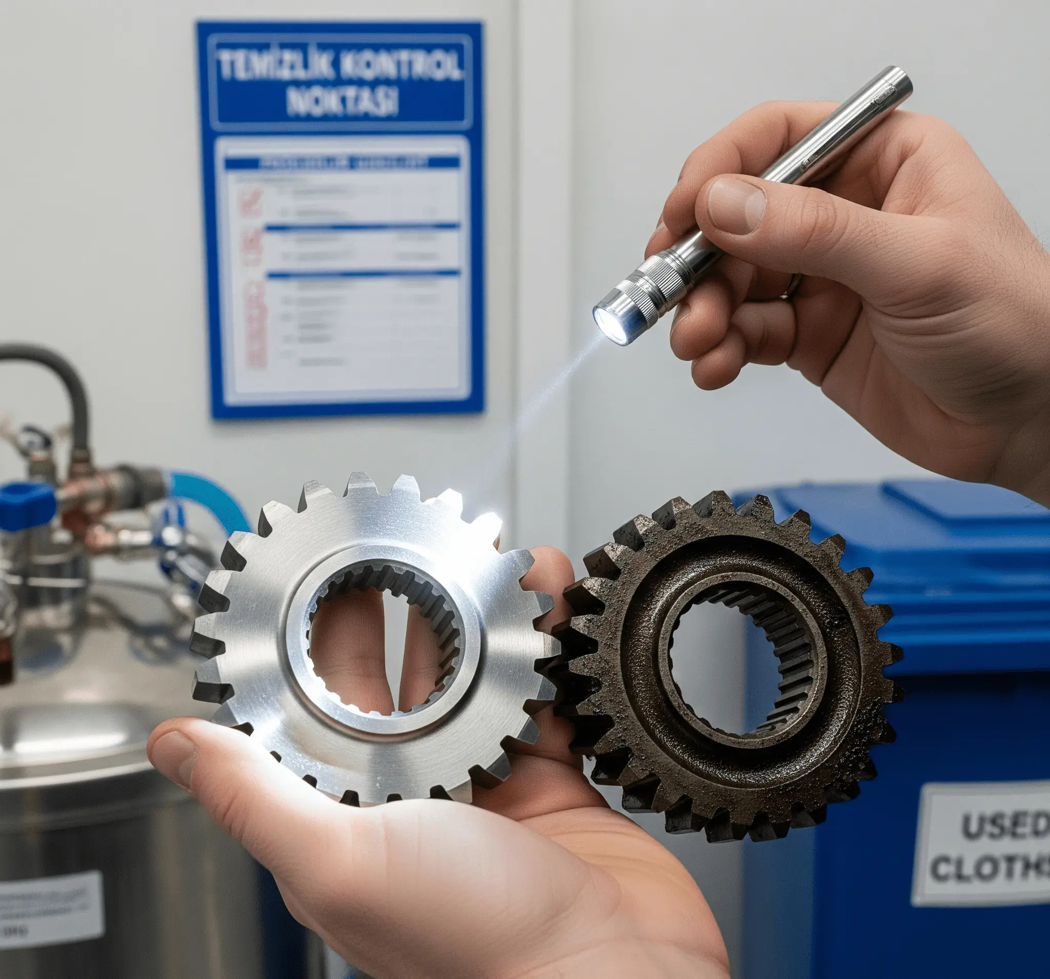 Q-3 ile temizlenmiş metal parçaların son kontrolü