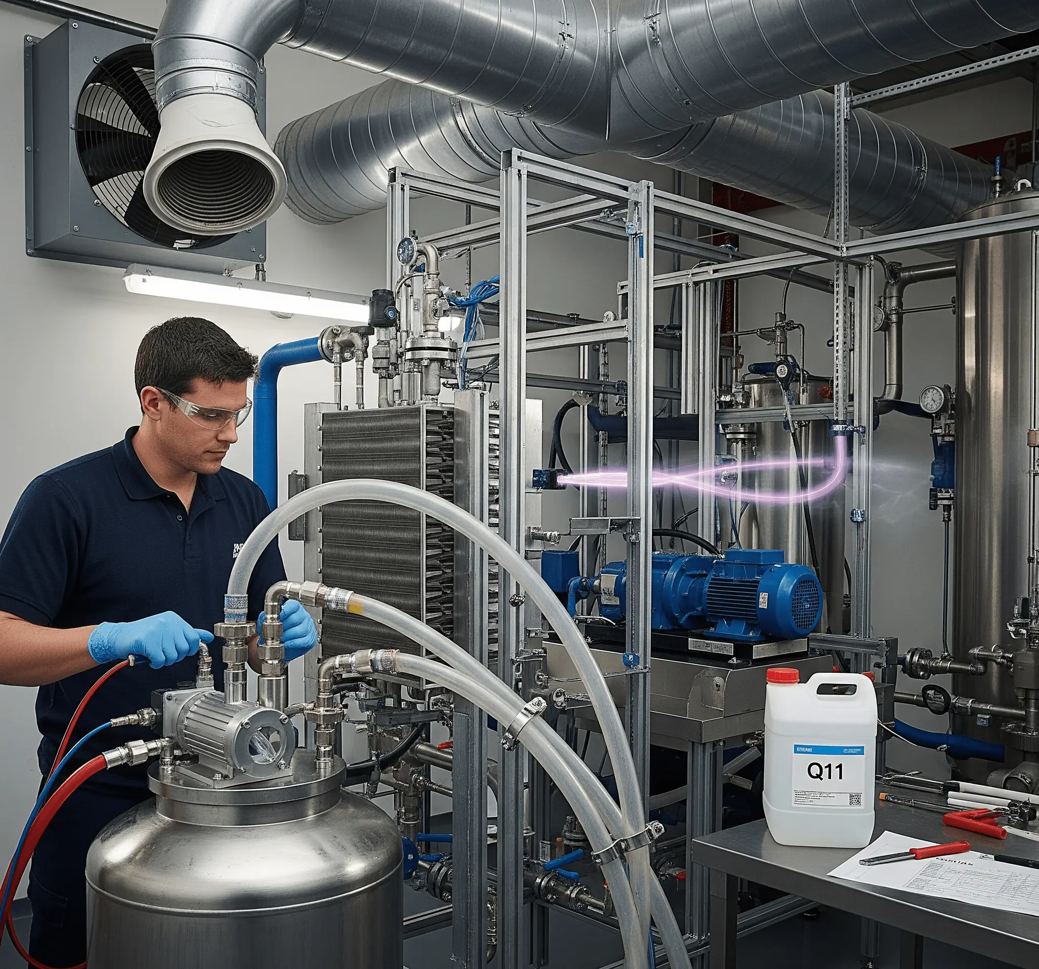 Q11 kimyasalı ile boru hattı temizliği Q11 ile borularda çözücü sirkülasyonu