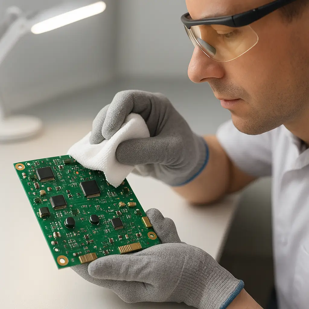 Kontak sprey sonrası devre kartı ve elektronik yüzeyde son kontrol ve silme