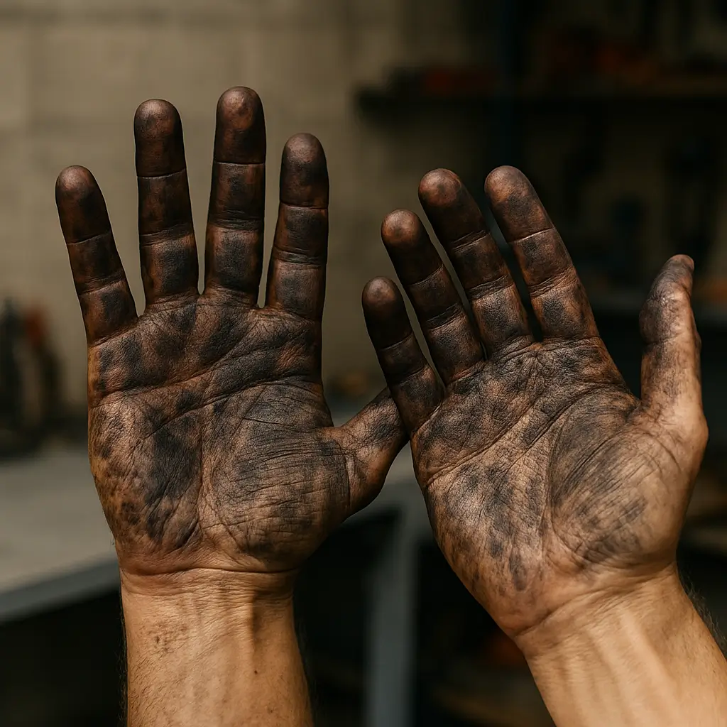 Aşırı kirli, yağlı sanayi işçisi elleri OVMAX öncesi