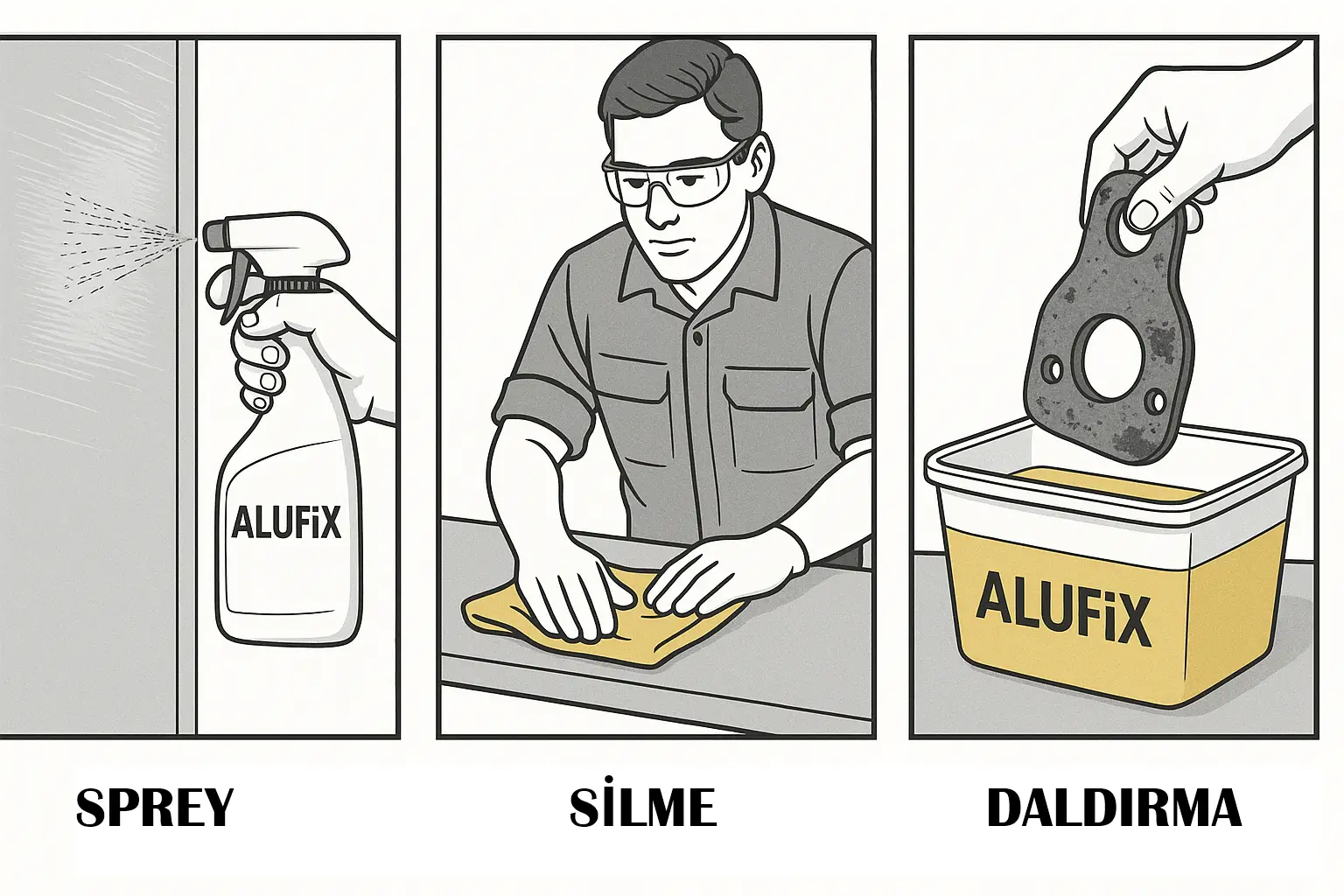 ALUFiX ile sprey, silme ve daldırma yöntemlerinin uygulanışı