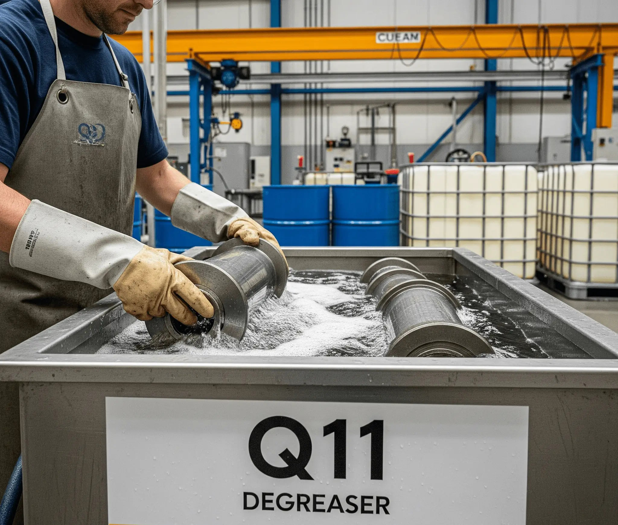 Q11 ile karbon ve yağ sökücü daldırma uygulaması Q11 ile haddehane parçasının daldırma temizliği