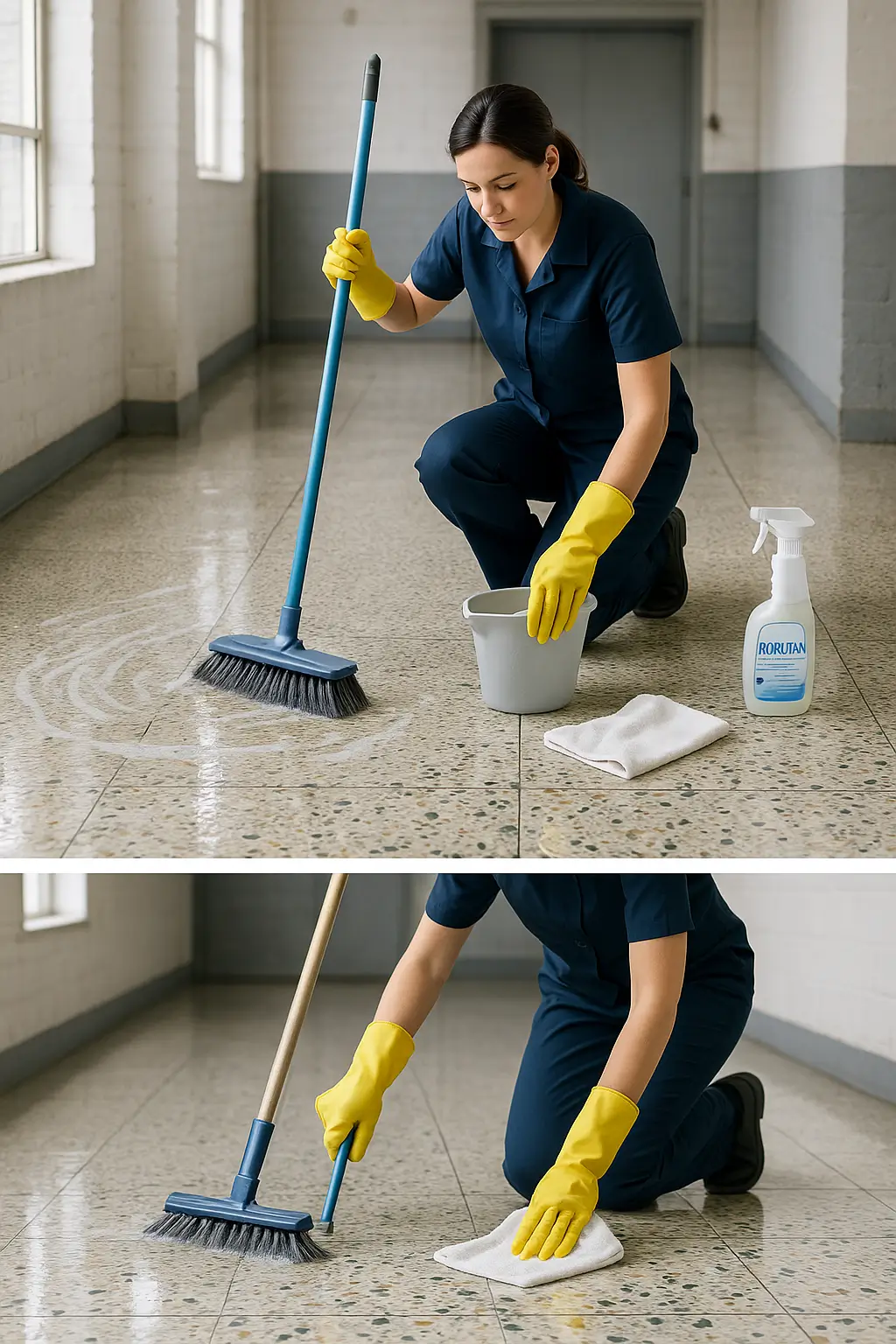 KAROCLEAN ile temizlenen terrazzo yüzeyde durulama ve kurulama