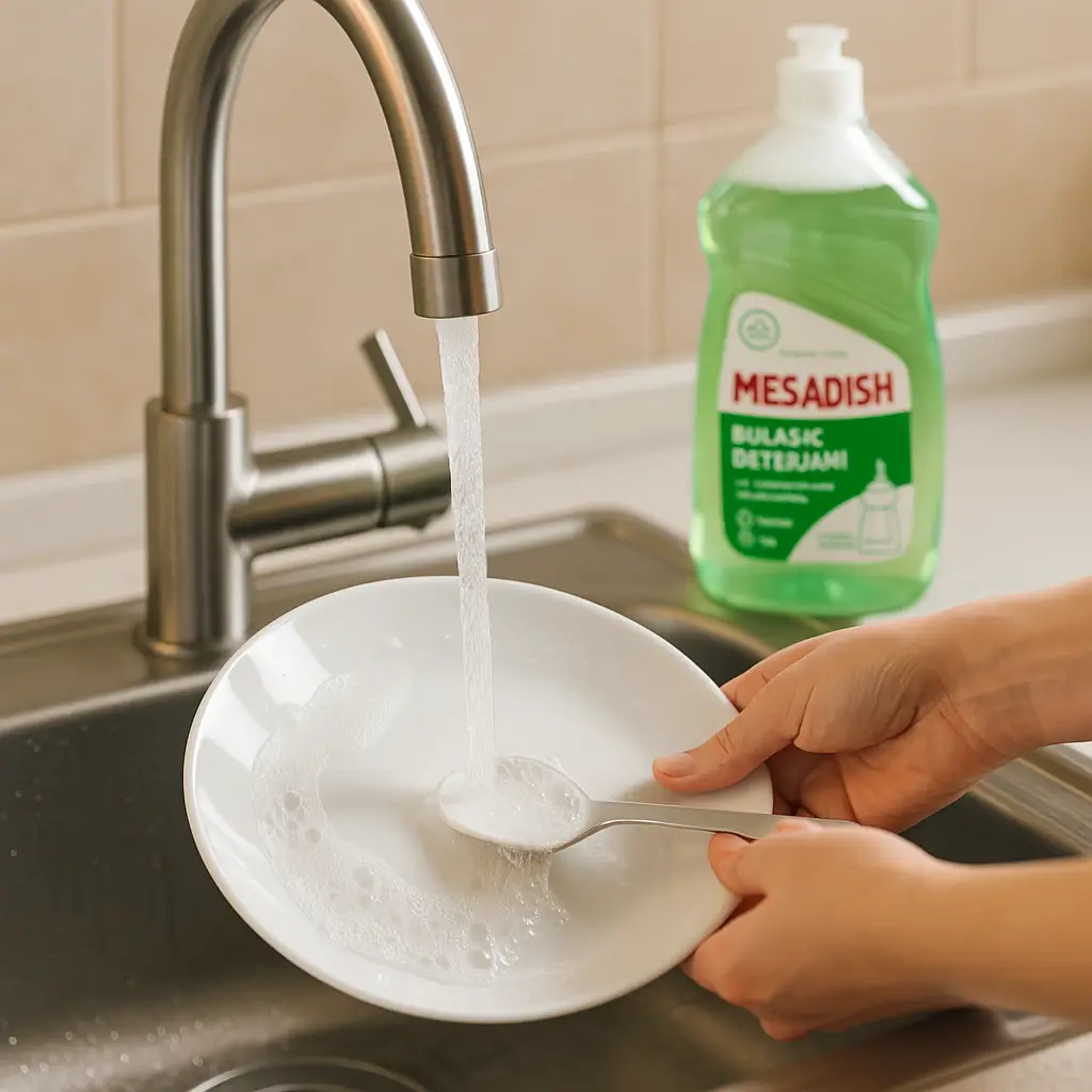 bulaşık deterjanı sonrası durulama nasıl yapılır elde yıkanan tabaklar bol suyla durulanırken